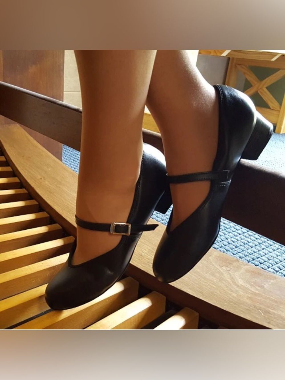 Mary Jane Black Leatherette Strap Flats